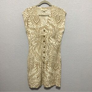 Loft Women’s Petite Floral V-Neck Button Cap Sleeve Linen Blend Flare Dress